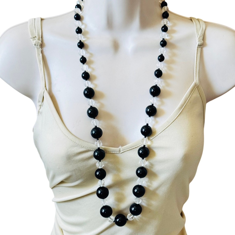 VTG Joan Rivers Classic Collection Necklace Black Lucite Crystal Clear Beaded